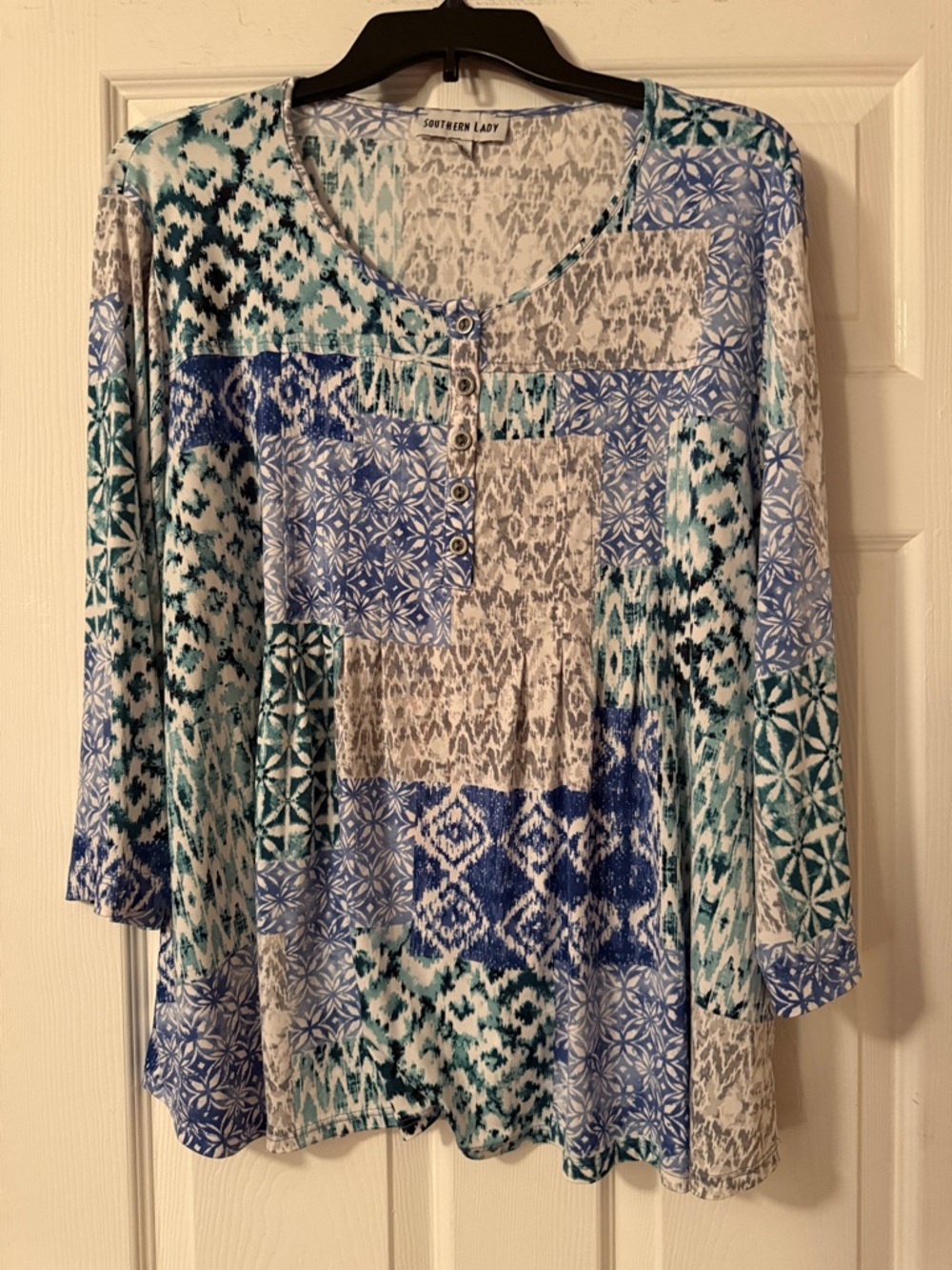Southern Lady Blue Teal Patchwork Print Henley Long Sleeve Top